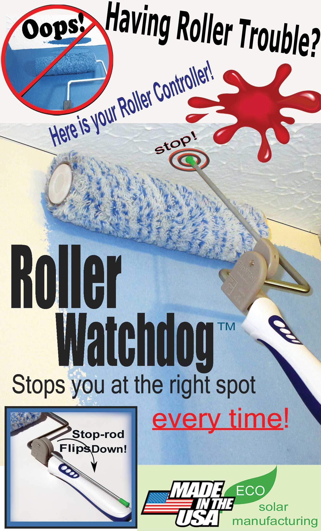 Paint roller guide preventing ceiling paint and Roller Watchdog installed on standard paint roller